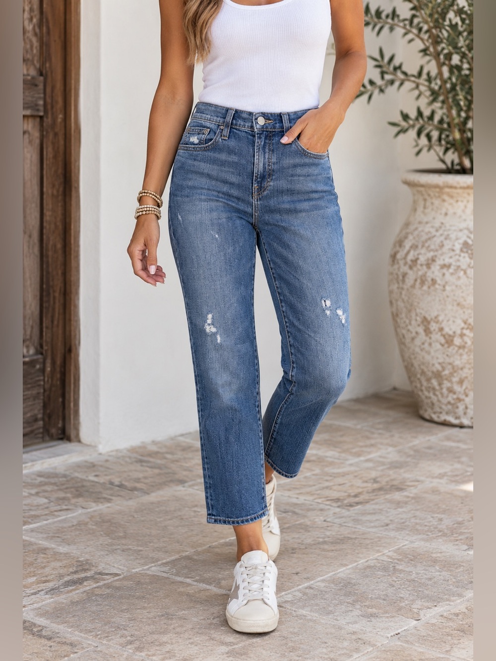 Vince Manny Boyfriend Distressed Jeans in Blue Waist 25